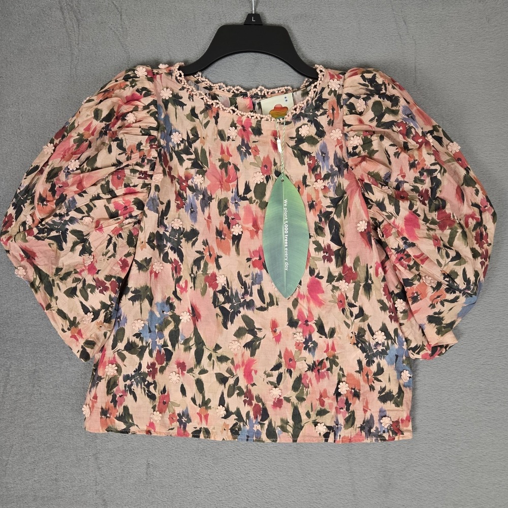 Farm Rio Anthropologie Puff-Sleeve Floral‎ Blouse Womens 2XS Top Button Lace NWT